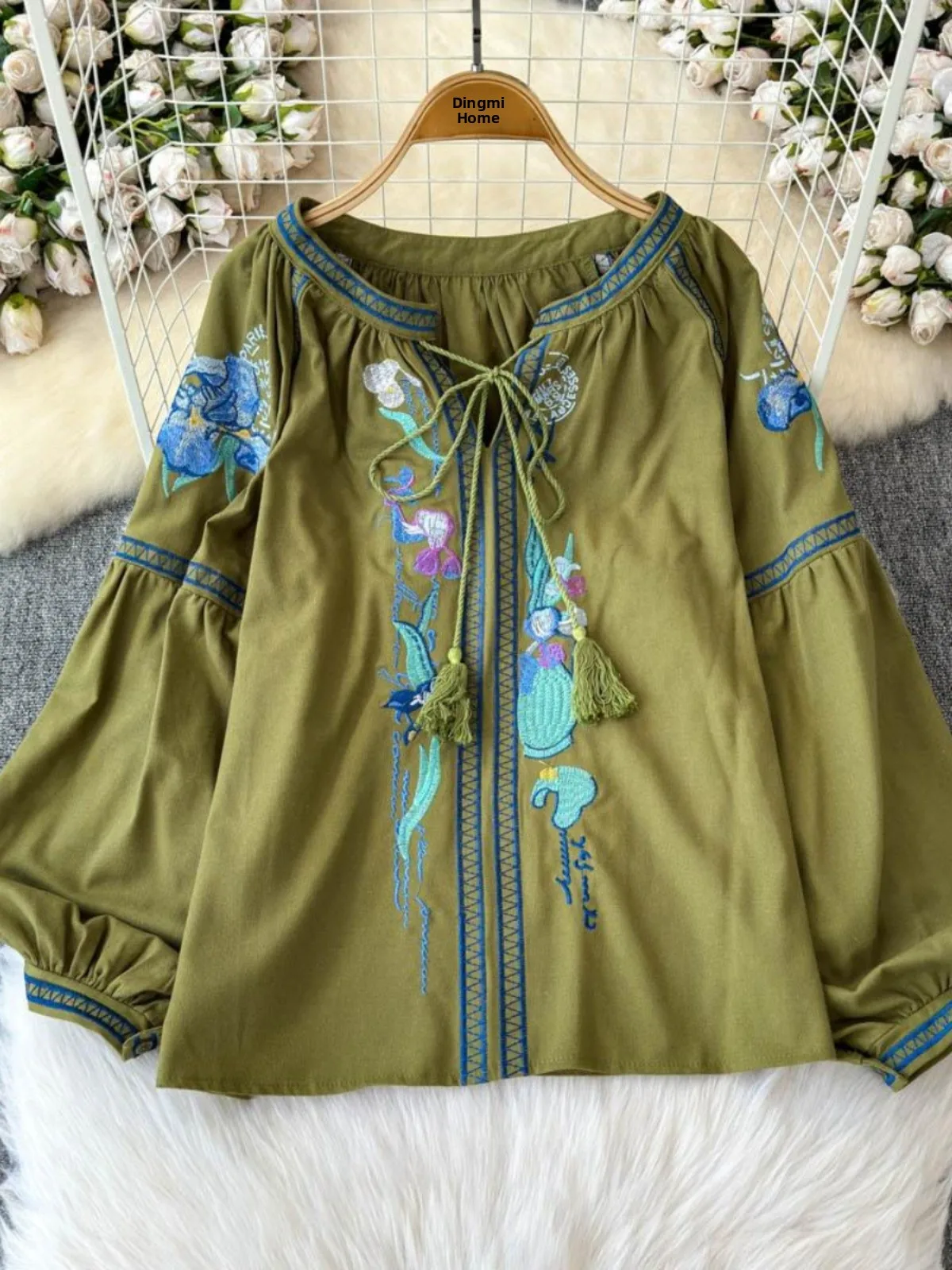 

Retro Ethnic Sle Long Sve Embroidered Cotton Linen Top Heavy Work Iris Flower Travel to Yunnan Women's irt Autumn Winter