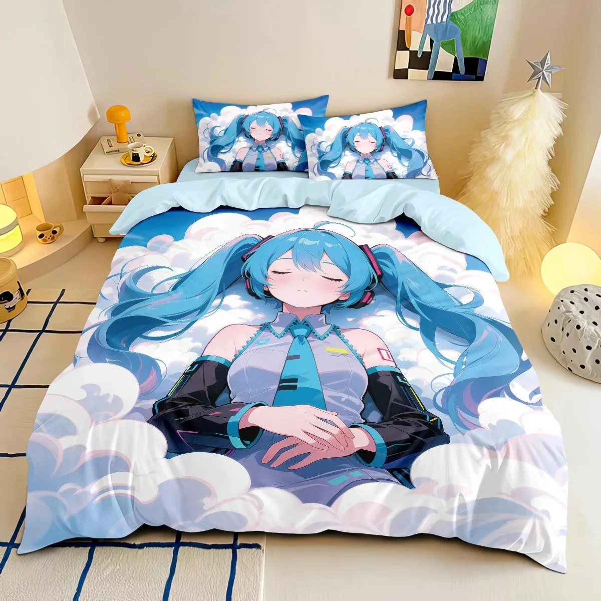 アニメh-hatsune-miku寝具セット-カワイイ女の子用布団カバーセット-シングル、ツイン、フル、クイーン、キングサイズ-子供、ティーン向け寝室装飾ギフト