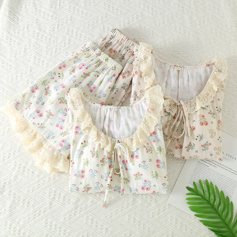 Conjunto de pijamas de manga corta con cuello en V de encaje para mujer, ropa interior de algodón puro, ropa de dormir suelta fina para dormir, Verano