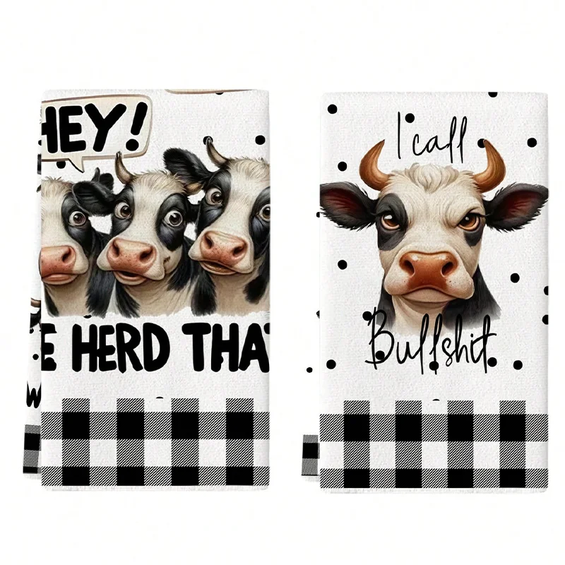 2Pcs, Black and White Checkered Funny Cow Kitchen Towels, 40Cm*60Cm Towel Set, Super Absorbent Soft Cleaning Cloth, Cooking and Baking Tea Towel, Hand Towel, Cleaning Cloth, Dishwashing Cloth, Kitchen Decoration, Living Room Decoration, Kitchen Essentials, Home Essentials
