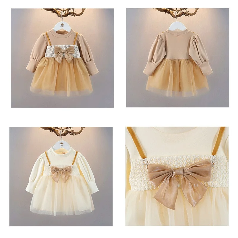Toddler Baby Dresses For Girls Cotton Long Sleeve Mesh Bow Lace Girls Dress Fashion Princess Clothes For Kids Spring Autumn New