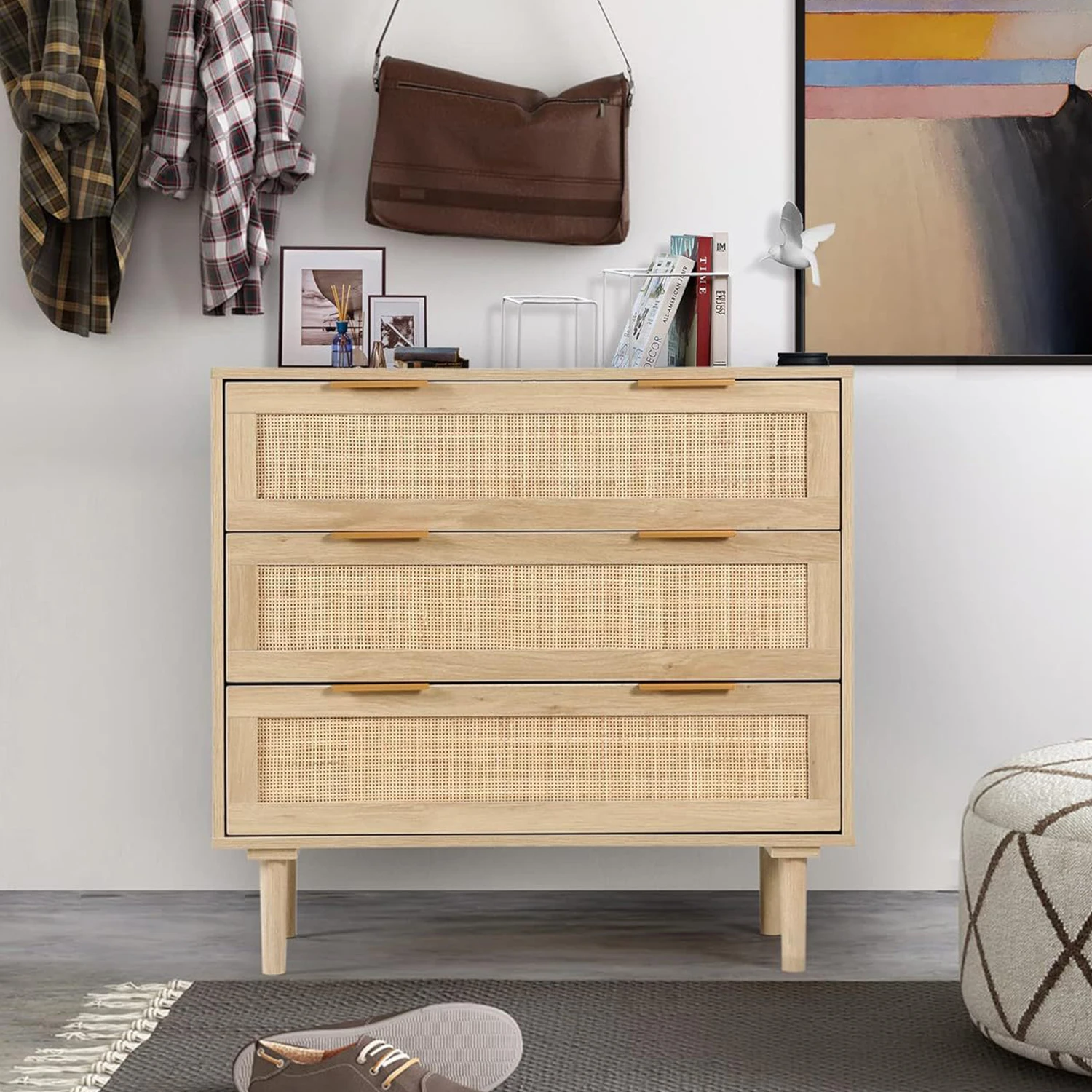 Custom Oak Wood Modern PanelKitchen Cupboard Chest of Drawers Cabinet with Solid Wood Leg Rattan Chest of Drawers