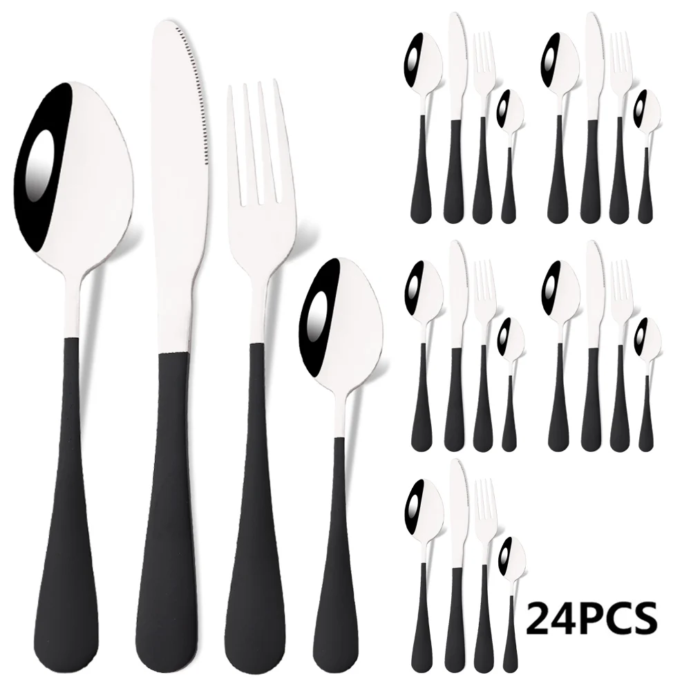 

24Pcs Black Silver Dinnerware Set Stainless Steel Tableware Dinner Knife Fork Coffee Spoon Teaspoon Bright light Flatware Set