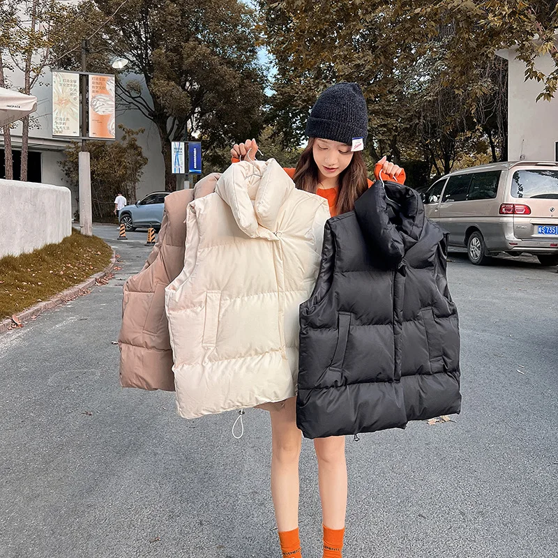 Women Vests Parka Sleeveless Stand Collar Parkas Zipper Cardigan Casual Autumn 2025 Solid Spliced Draw String Pockets Loose