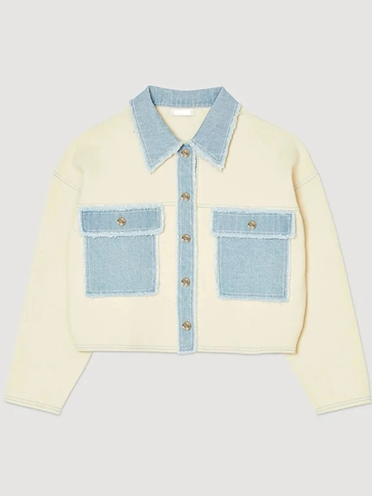

Trendy Women's White Denim Patchwork Shirt Pockets Short-Length Spring New Comfortable Fit Casual Chic Streetwear for Woman
