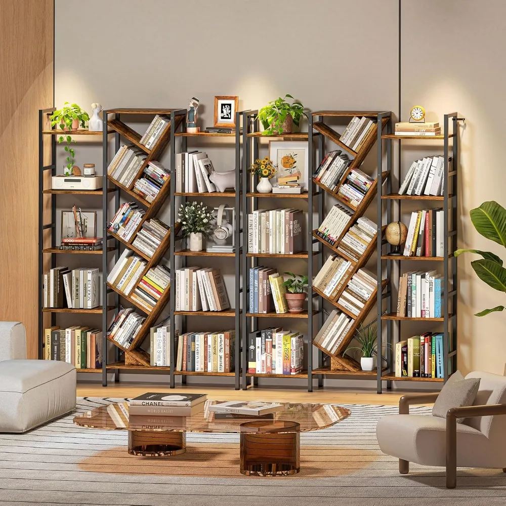 رف كتب خشبي كبير على الطراز الصناعي مع 19 رفًا مفتوحًا، وحدة عرض طويلة تشبه شجرة لمساحات المعيشة