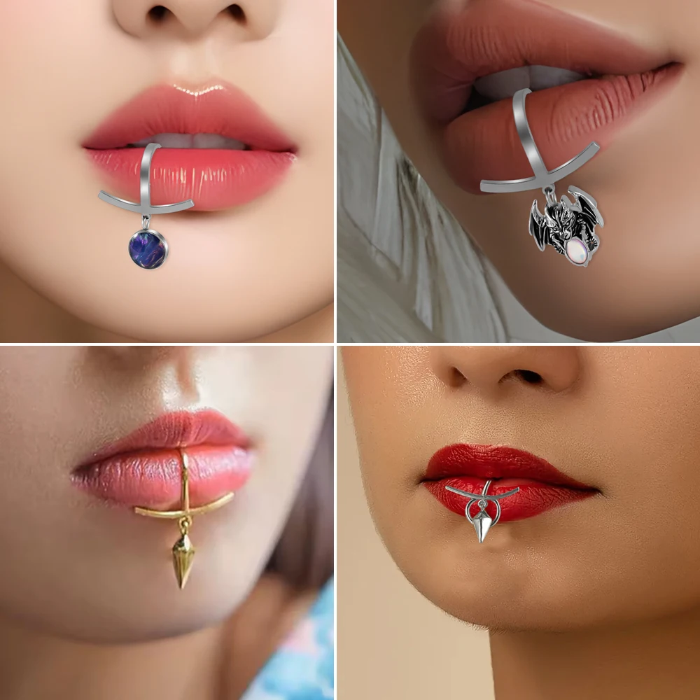 1/2/16PCs Surgical Steel Lip Rings Neutral Punk Lip-Shaped With Bat/Clown/Shell/Star Gradient Flash Pendant Non Pierced Lip Stud