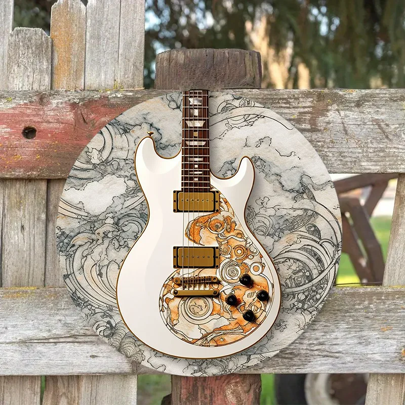 Round Metal Aluminum Mark Guitar Close-up for Home, Living Room, Coffee Shop, Office, Wall Decoration Art, Decorative Poster