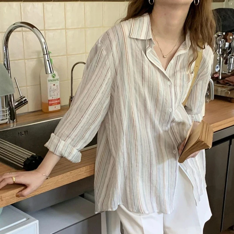 MEXZT Vintage Striped Shirts Women Oversized Long Sleeve Blouses Office Lady Korean Harajuku Simple Loose Casual All Match Tops