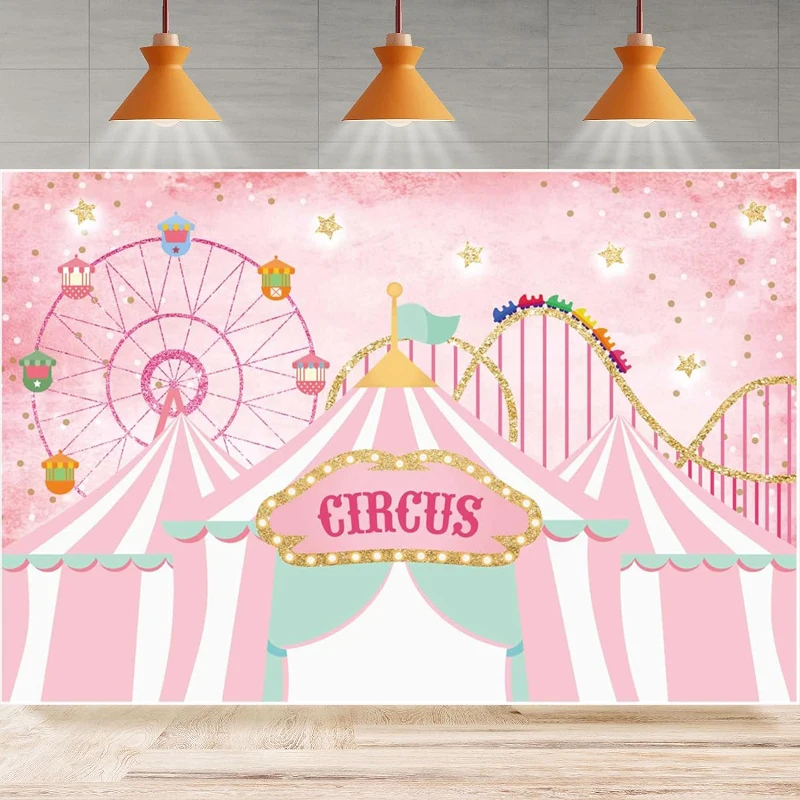 Pink Circus Photography Backdrop Carnival Girl Kids Birthday Party Banner Glitter Stars Tent Bday Decoration Background Props