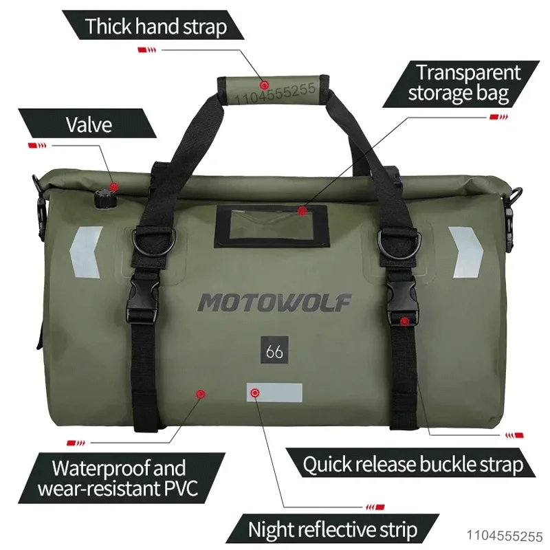 Motowolf Waterproof Motorcycle Bag Reflective Rear Seat Bag Durable Tail Tank Bag Universal Backpack Luggage 66L Large Capacity view 5