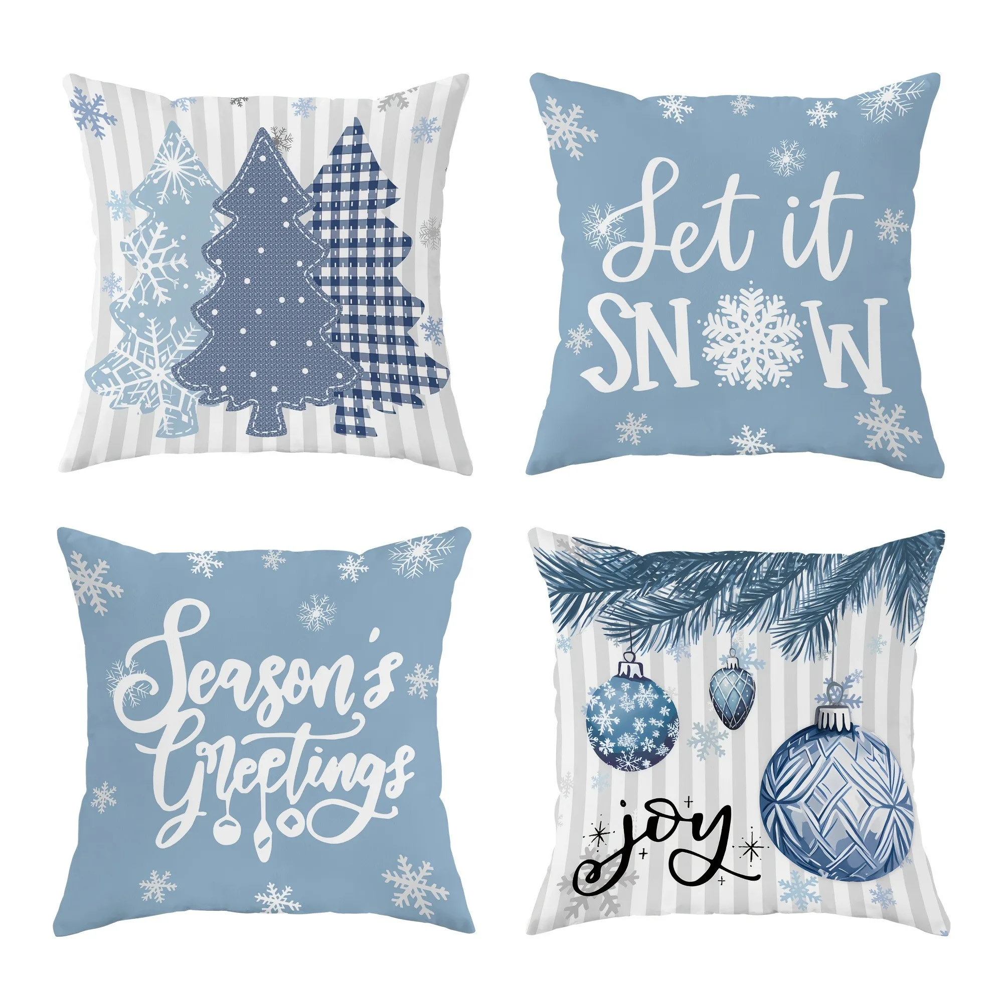 Blue Christmas Pillow Covers: Set it Snow, Season's Greetings, and Joyful Decor sofas, bedroom pillow covers, holiday gifts