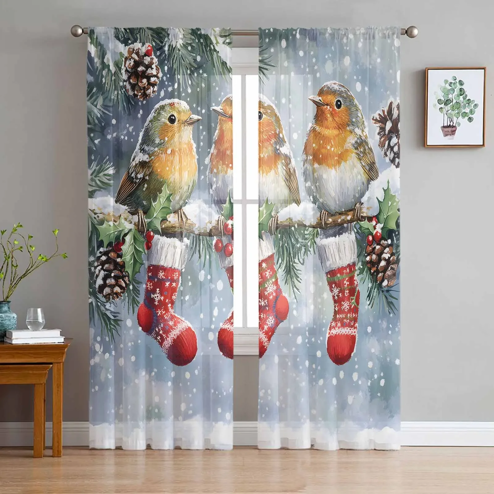 Christmas Winter Bird Christmas Socks Sheer Curtains for Living Room Decoration Window Curtains Kitchen Tulle Voile Curtains