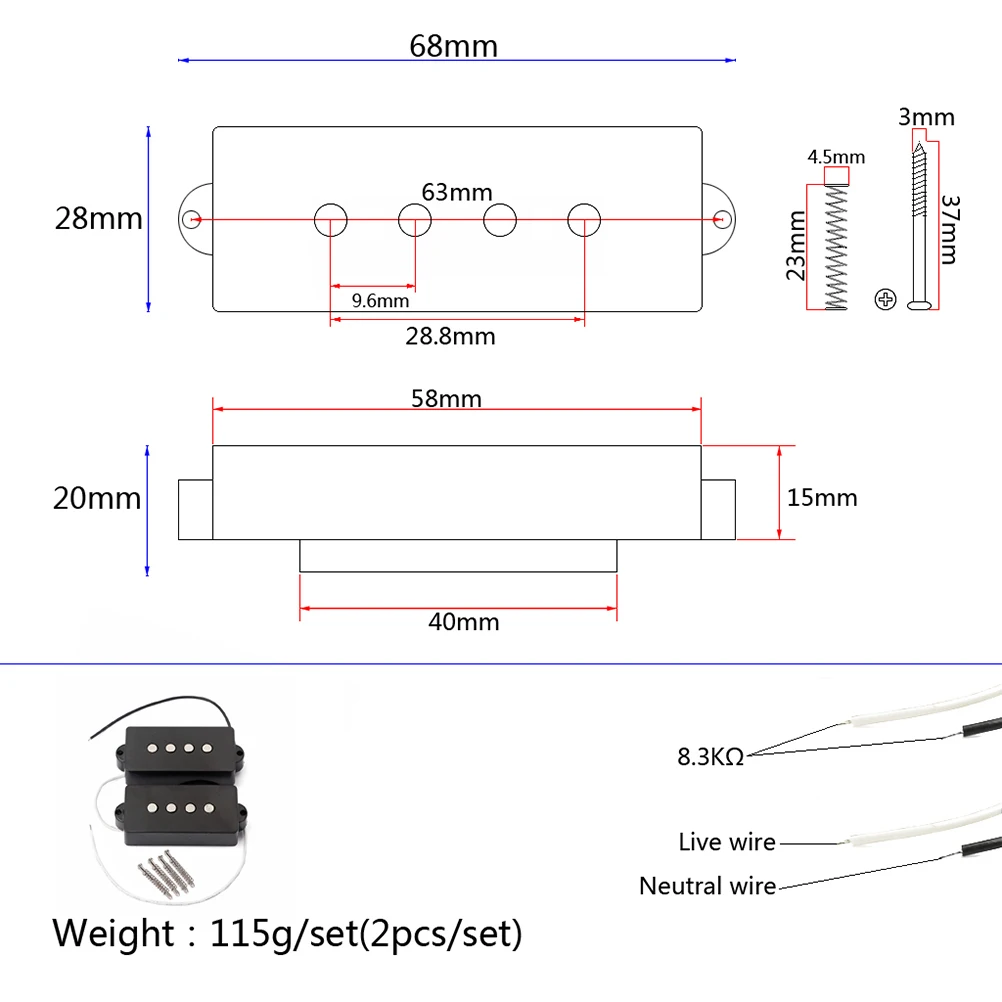 

4 String Electric Pickups Pb Bass Replacement Bridge Neck Pickup Open Style Guitar Parts Accessories V Medium Output Wax