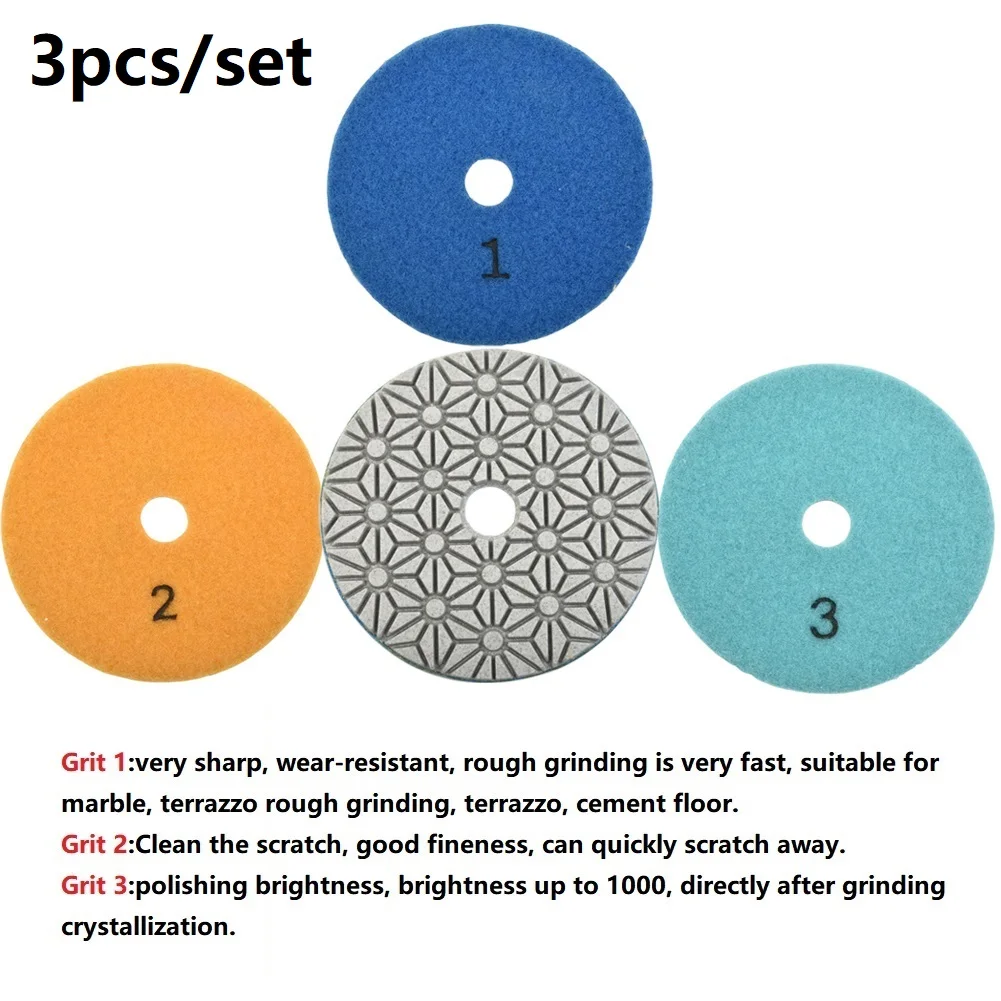 3PCS 4 Inch 100mm Dry/Wet 3 Step Polishing Pads Granite Polishing Tool Water Grinding Pad Newly