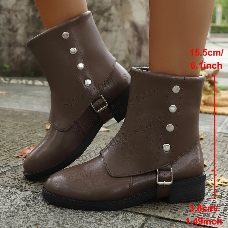 Women's Gothic Rivet PU Ankle Boots Medieval Art Retro Belt Buckle Low Heel Slip-On Ankle Boots British Outdoor Mid-Calf Boots - view 2
