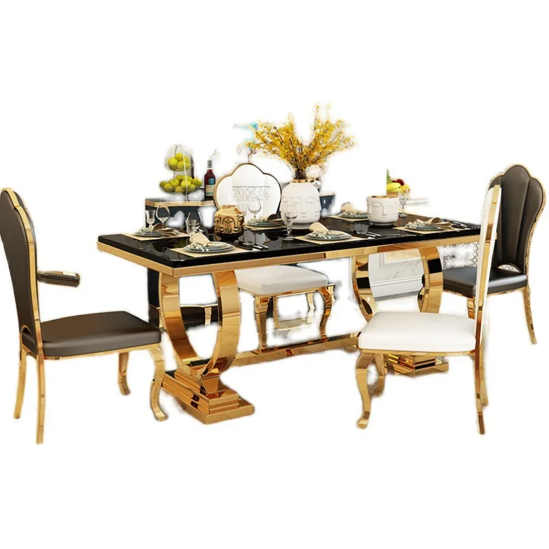 

Modern light luxury marble dining table and chair combination Italian rectangular dining table chair simple household stainless