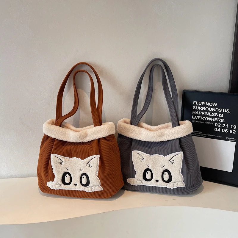 bonito-dos-desenhos-animados-gato-veludo-sacola-feminina-inverno-fofo-macio-bolsa-de-ombro-moda-casual-bolsa-de-compras-diaria