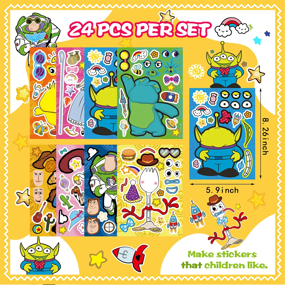 8/16 lembar mainan Disney cerita lucu stiker Puzzle membuat wajah permainan anak-anak stiker mainan merakit Jigsaw anak-anak pesta stiker permainan