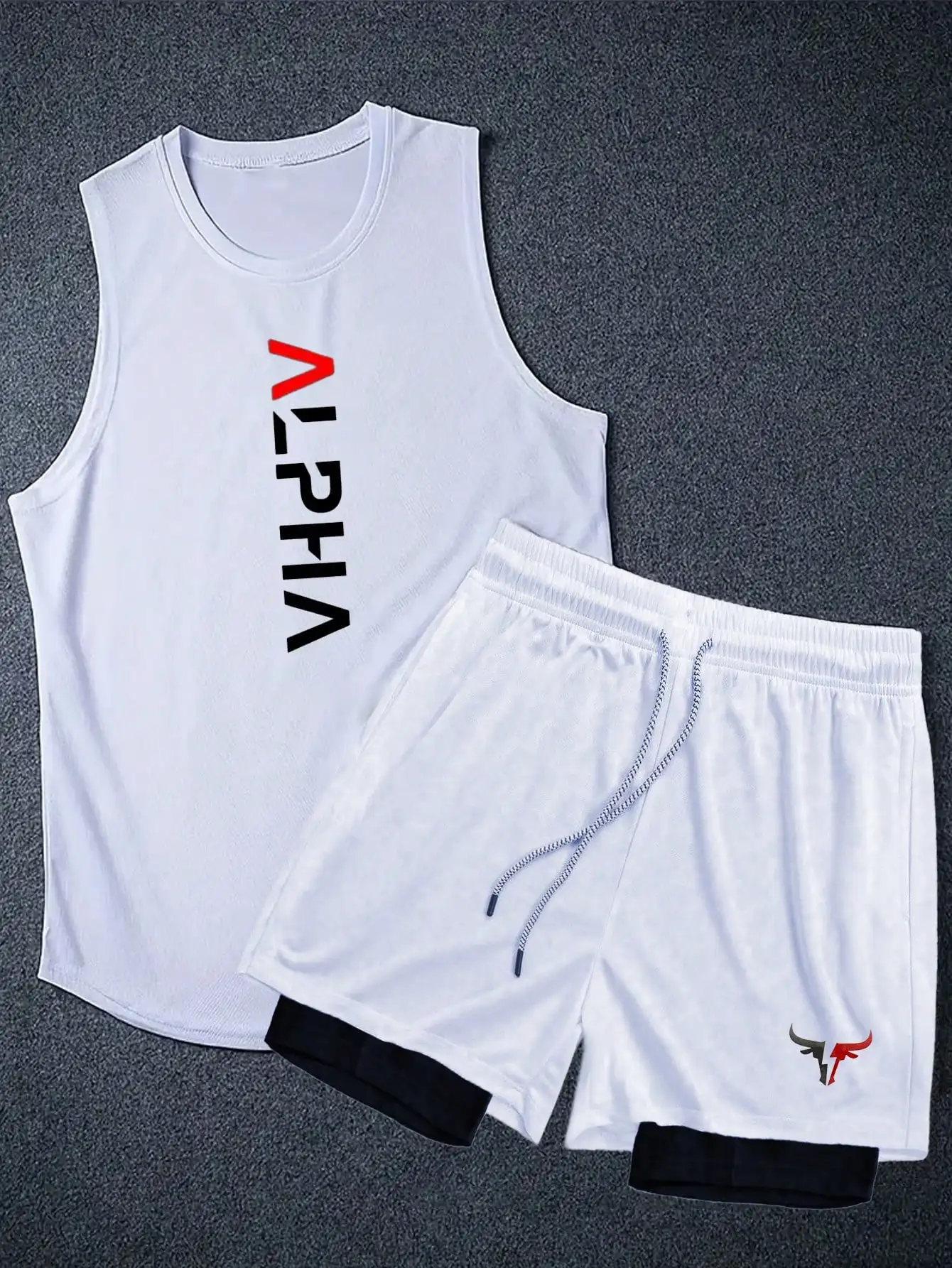 

Мужской комплект: белая майка без рукавов и шорты, спортивная повседневная одежда для тренажерного зала