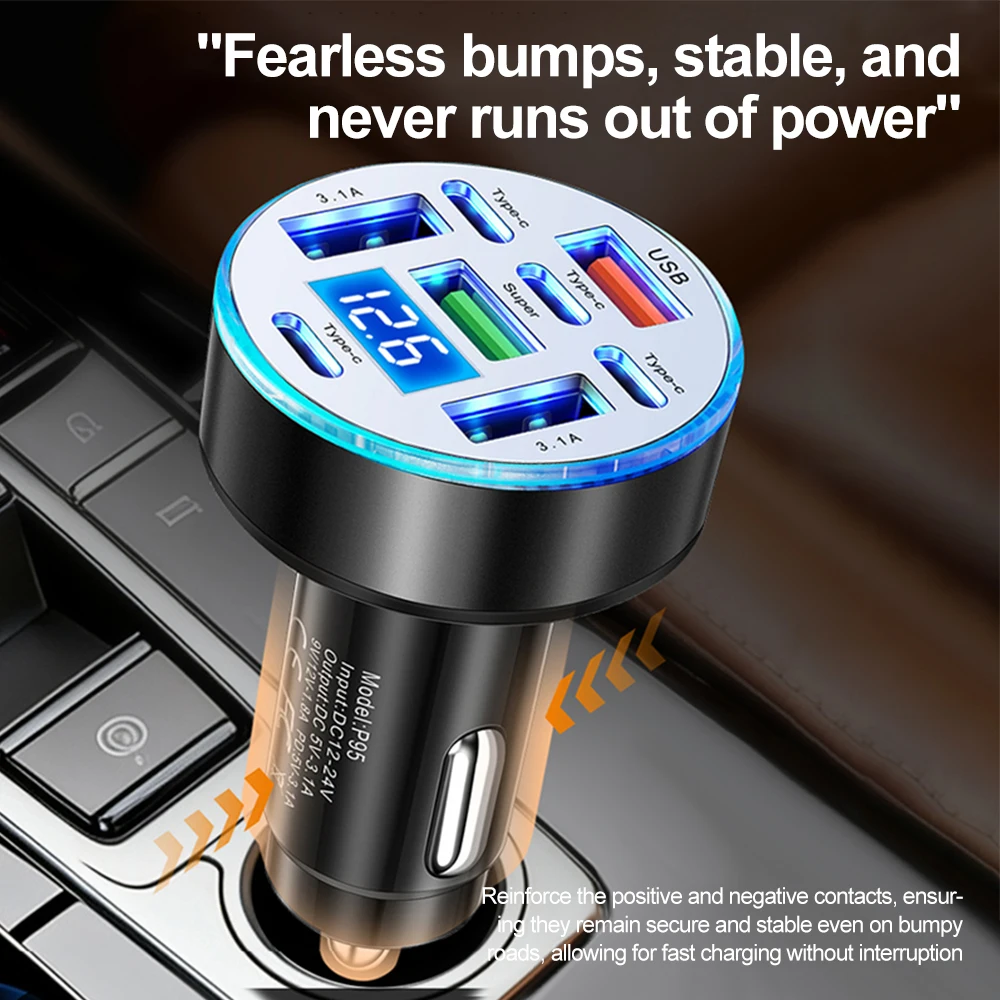 66W Car Charger 8 Ports Fast Charging PD QC3.0 USB C C Car Phone Charger Adapter With Voltage For iPhone Samsung Huawei Xiaomi