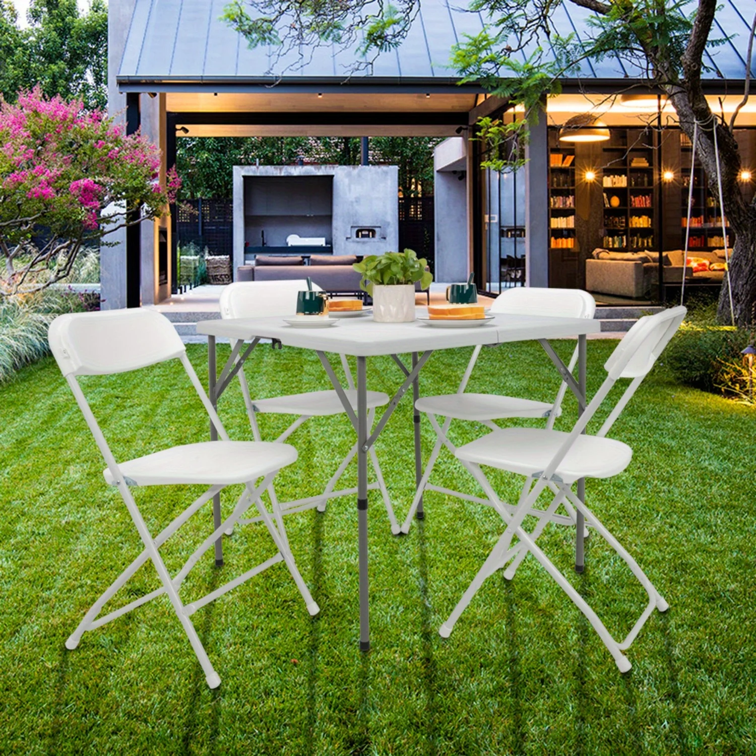 

34 inch Folding Card Table Square Bi Folding HDPE Tabletop Sturdy Metal Frame Lock Design Black/ White