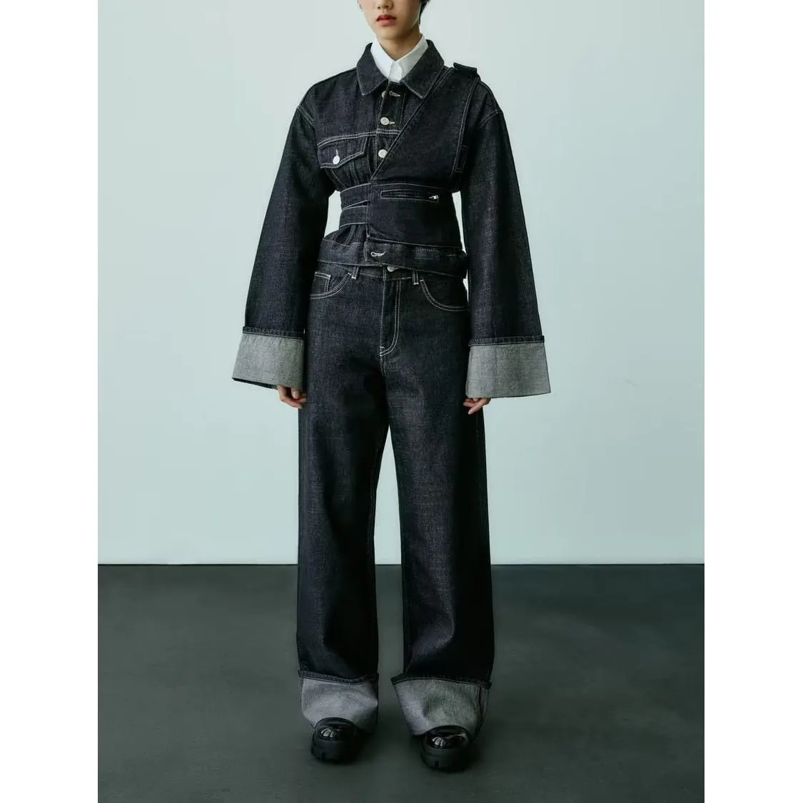 Autumn Winter Denim Jeans Cuffed Pants Long Sleeve Collared Jacket Women's Fashion Set Casual Style Spring Season Adult Size