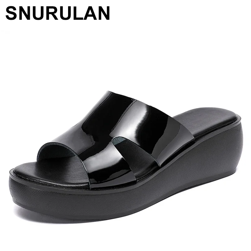 

SNURULAN women summer shoes fashion high heel slippers genuine leather platform sandals ladies wedge sandals thongs