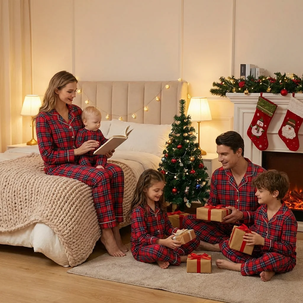 Plaid Print Family Matching Pajamas Set Adults Kids Turn-down Collar Button Shirt+Trousers 2 Pcs Suit Loungewear Christmas Look