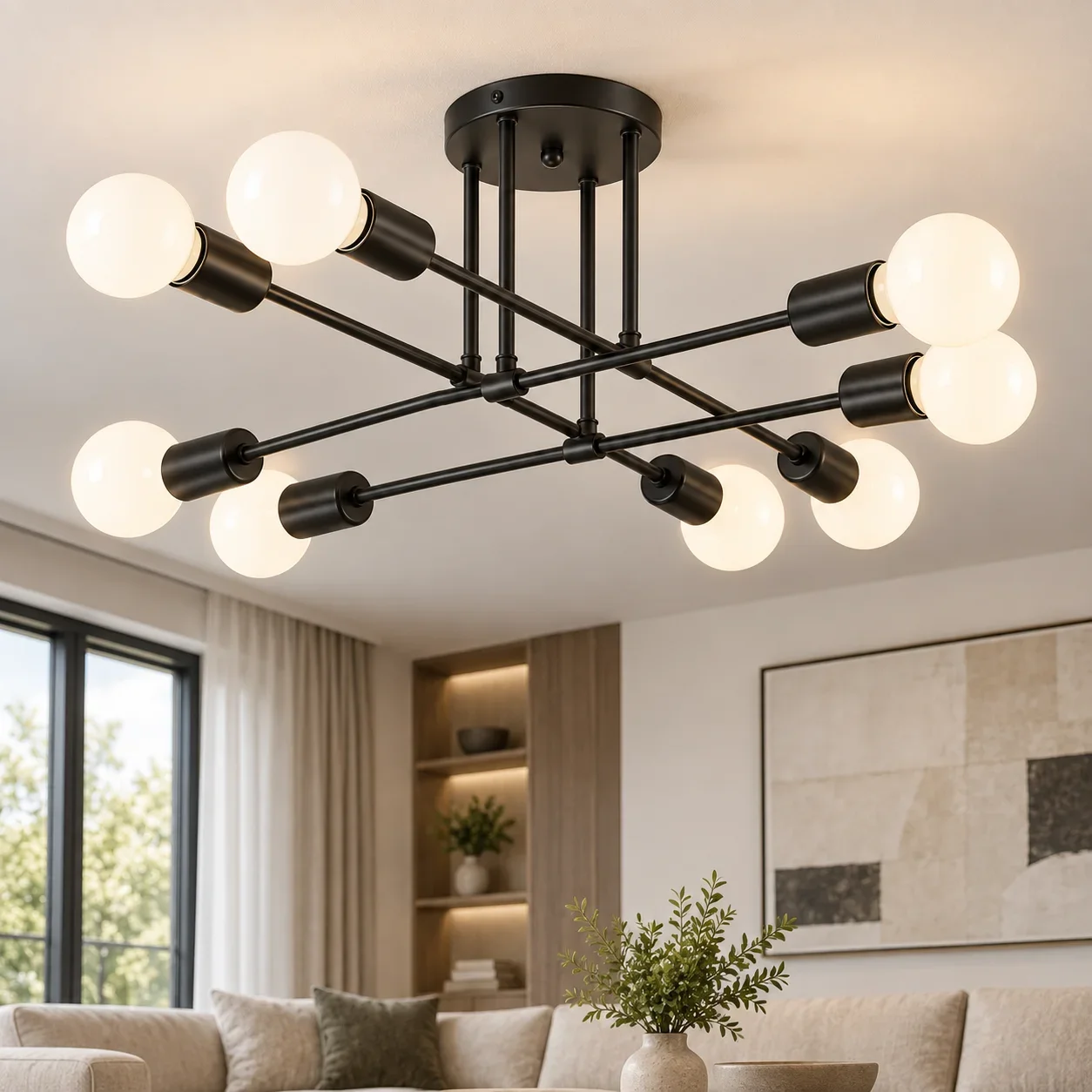 JOYINLED Sputnik LED Module 8-Light Black Flush Mount Ceiling Light for Balcony, Porch, Laundry Room, Bedroom, 6000K Cool White