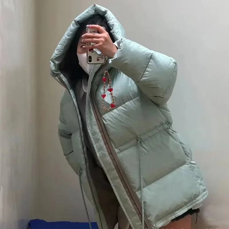Autumn and Winter New Niche 90 Duck Down Coat Drawstring Hooded Loose Thickened Down Jacket