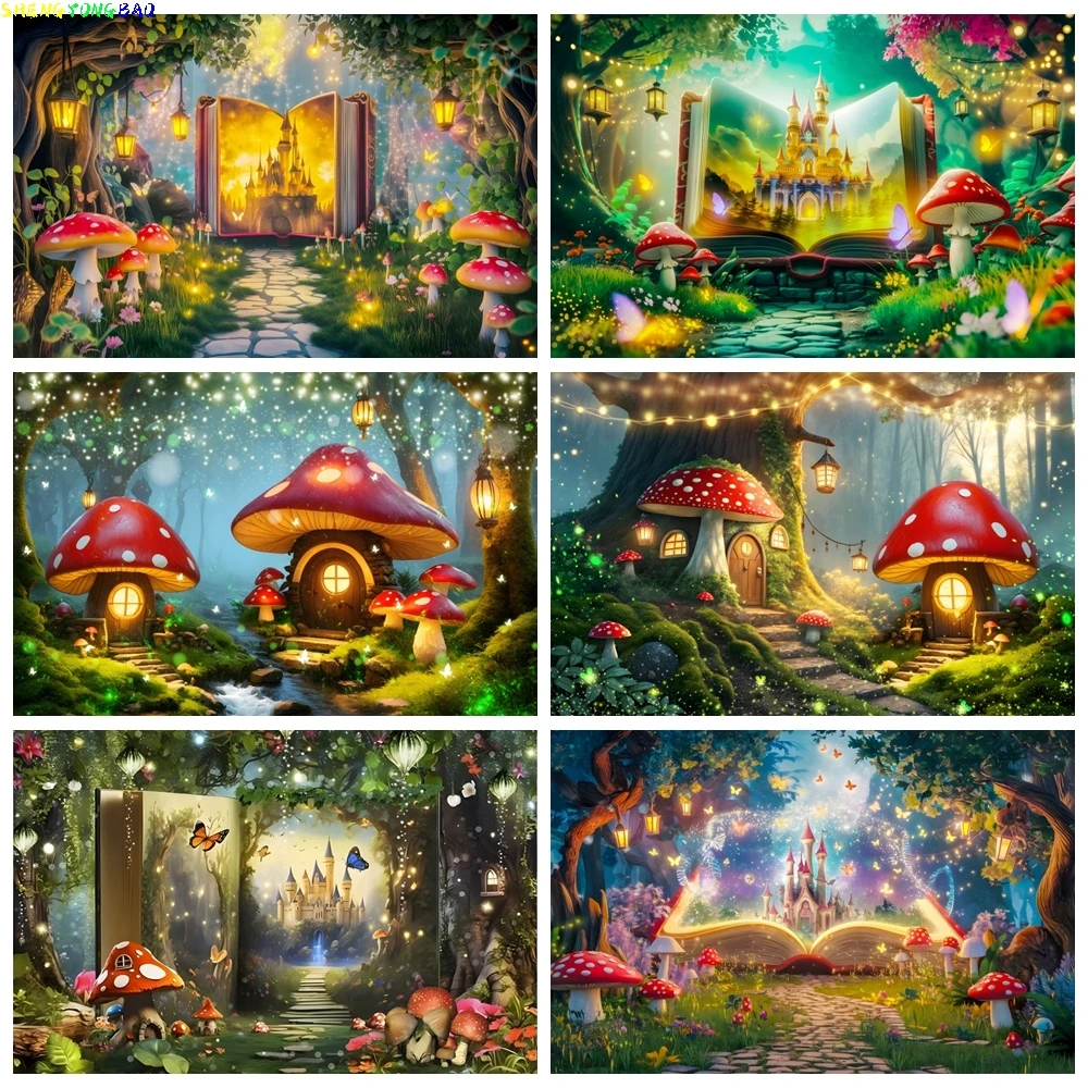 

Spring Dream Forest Photography Backdrop Tree House Mushroom Butterfly Elf Party Decoration Baby Girls Birthday Photo Background