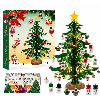 Wooden Mini Christmas Tree Advent Calendar with LED Lights 24 Hanging Ornaments Tabletop…