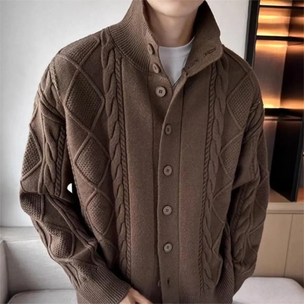 

Trendy Twist Knitted Color Open Cardigan Loose Versatile Casual Stand Collar Sweater for Men Autumn Winter New Arrival