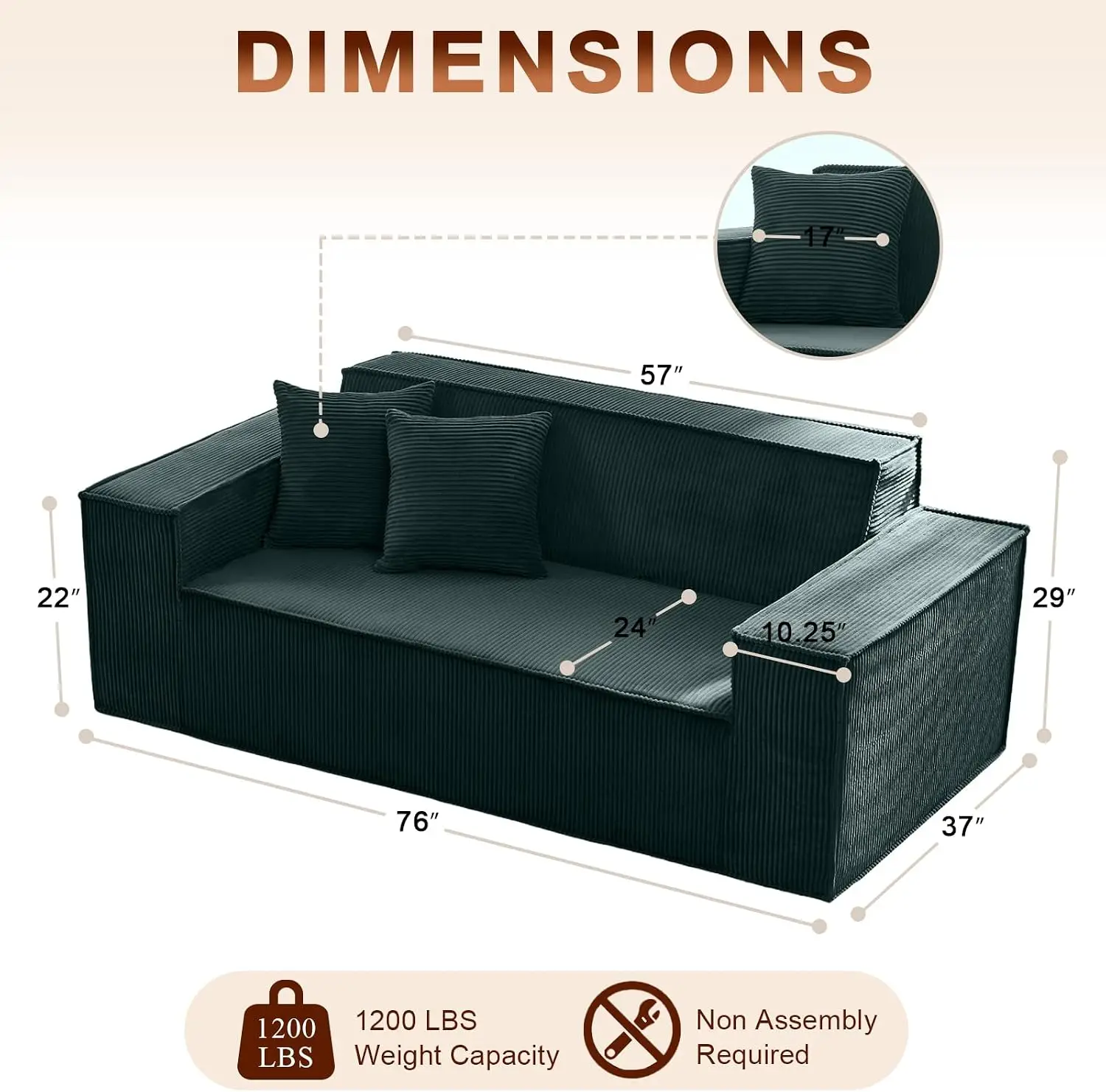 Corduroy Cloud Couch with Pillow, Premium Memory Foam, No Assembly Required, Deep Seat Sofa in Box, Space-Saving Chair for Home,