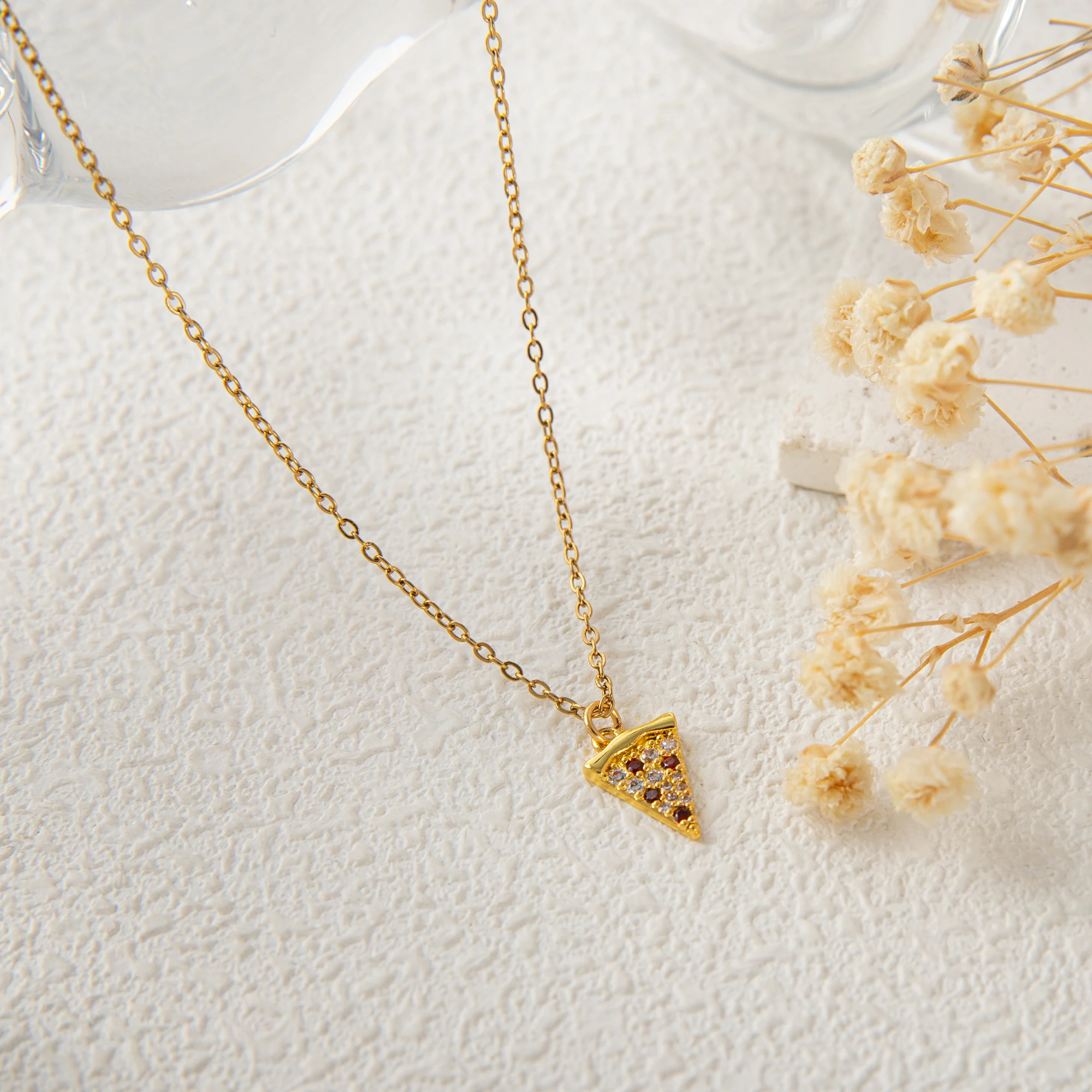 

Unique Pizza Pendant Necklace for Women, Red Zircon and Full Diamond Charm, Trendy Food Jewelry