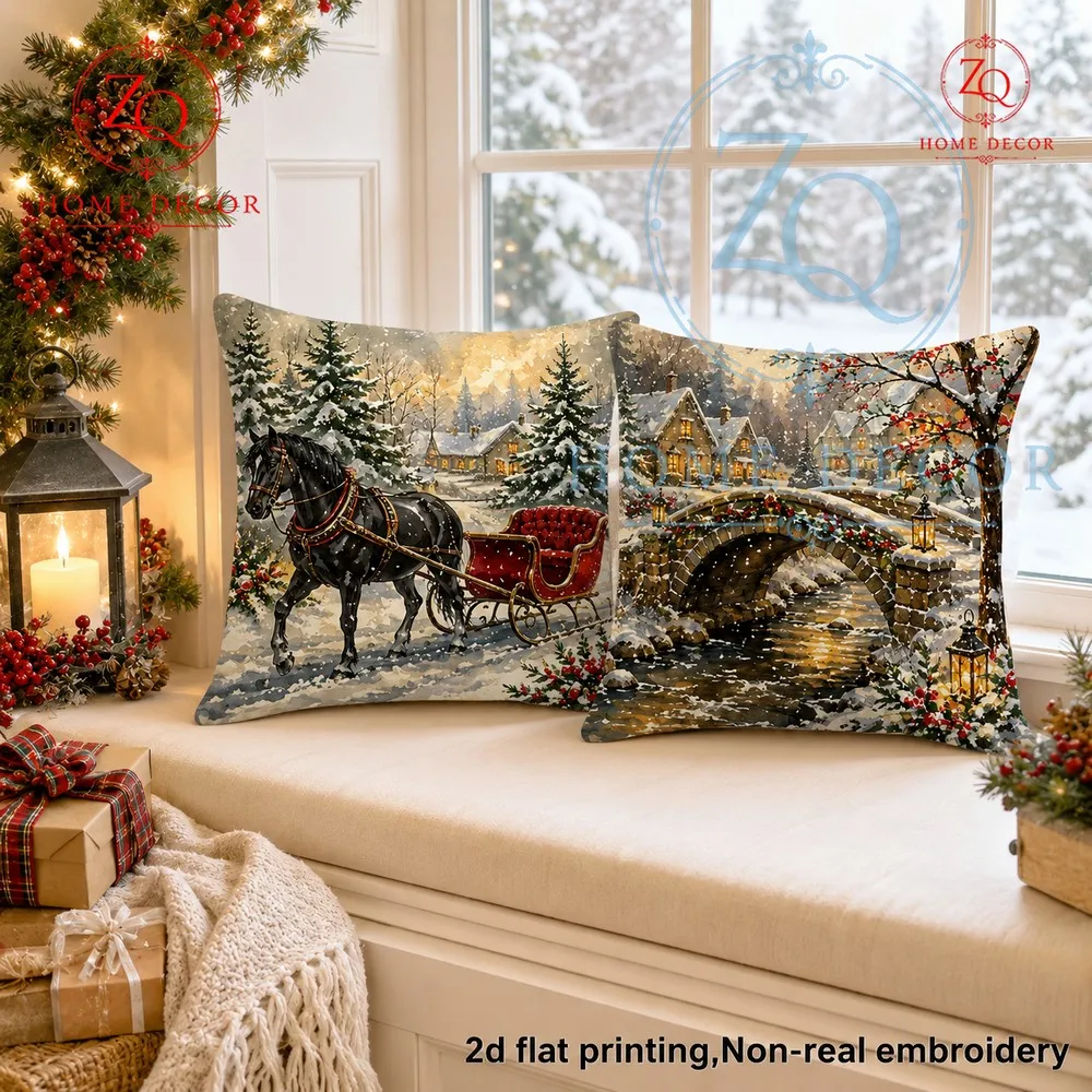 English snow village stone bridge stream pillowcase with wintery lscape print adds a touch  Christmas romance to your home.
