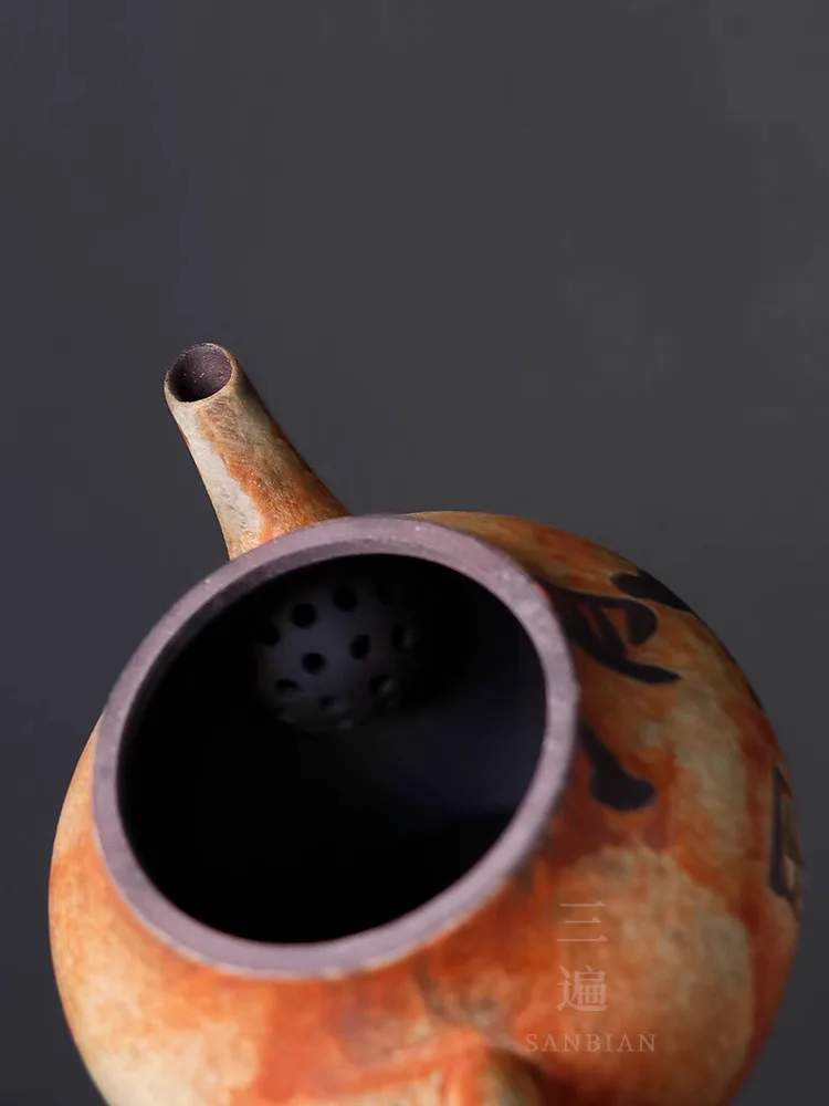 Three Time Jingdezhen Japanese Handmade Tea Pot Wabi Sabi Style Small Pot, Coarse Pottery Purple Clay Single