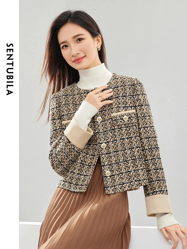 

SENTUBILA Contrast Cuff Crop Tweed Jackets for Women 2024 Spring Autumn Elegant Long Sleeve Straight Outerwear Coat 141W52802