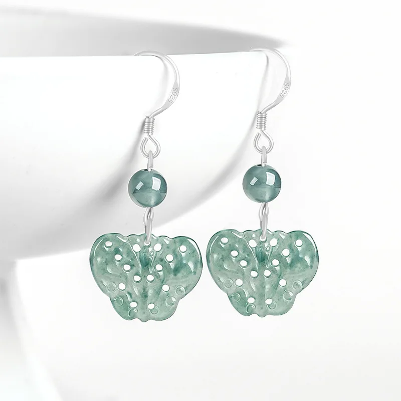 

Natural A-grade Blue Water Yellow Jade Butterfly Earrings Ice Jadeite Ancient Style S925 Silver Inlaid Women's Jewelry Drop Ship