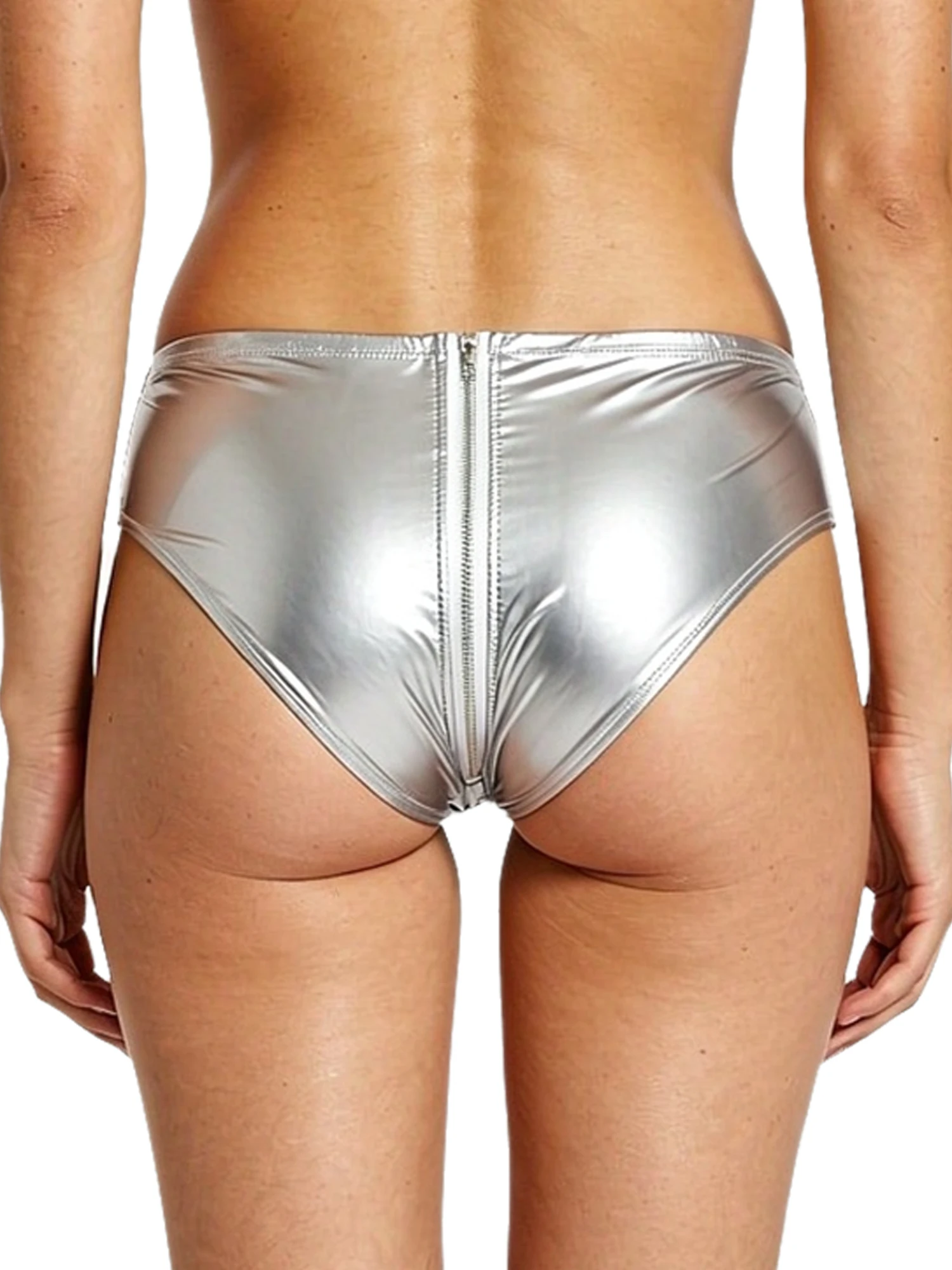 Women Glossy PU Leather Panties Lingerie Low Rise Zipper Crotch Metallic Pvc Vinyl Briefs Underwear for Party