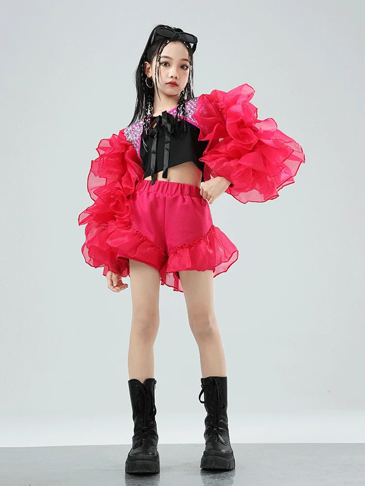 Concert Stage Performance Wear Girls Jazz Dance Costume Red Puff sleeves Sequin Tops Shorts Suit Kids Hip Hop Dance Clothes