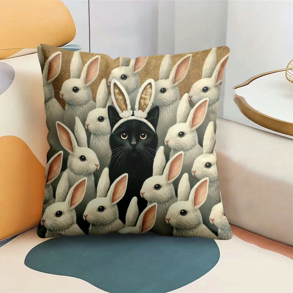

1 шт. наволочка с ушками пасхального кролика и черной кошкой, двусторонняя 2D-печать, полиэстер, декор для весеннего праздника, милый подарок