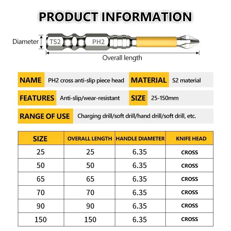 عدم الانزلاق صلابة عالية وقوية المغناطيسي بت PH25/50/65/70/90/150 مللي متر الصليب صلابة عالية أداة اليد مثقاب كهربائي المسمار