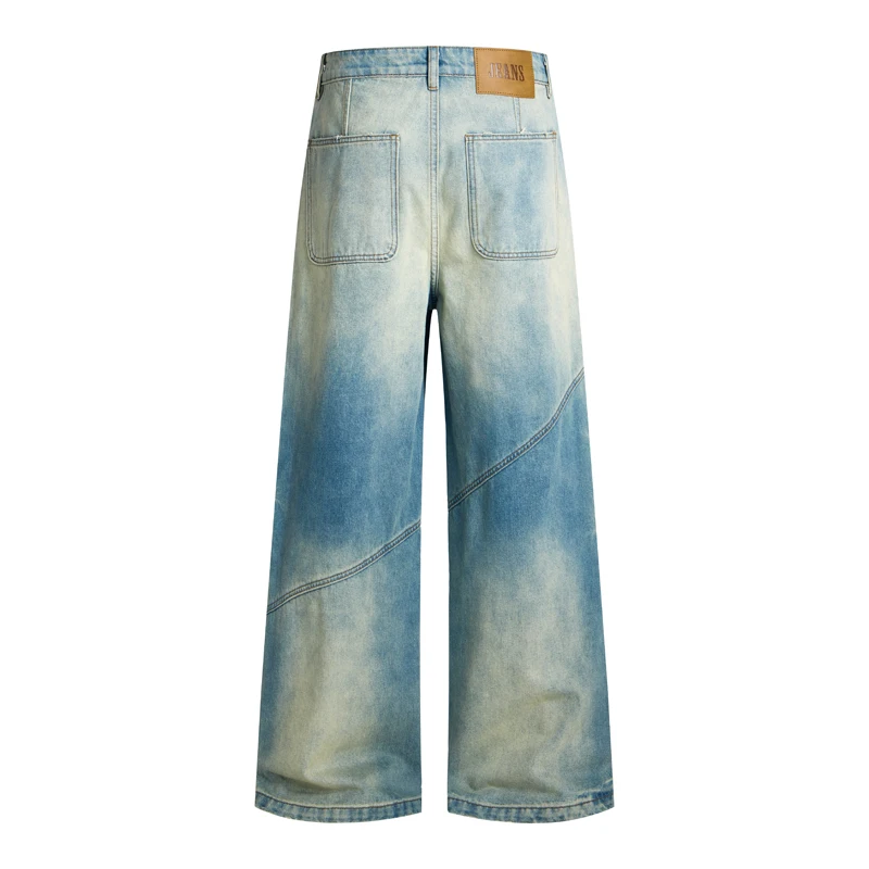 Washed Vintage Distressed Design Men's Jeans Loose Asymmetrical Irregular Patchwork Zippered Straight Denim Pants