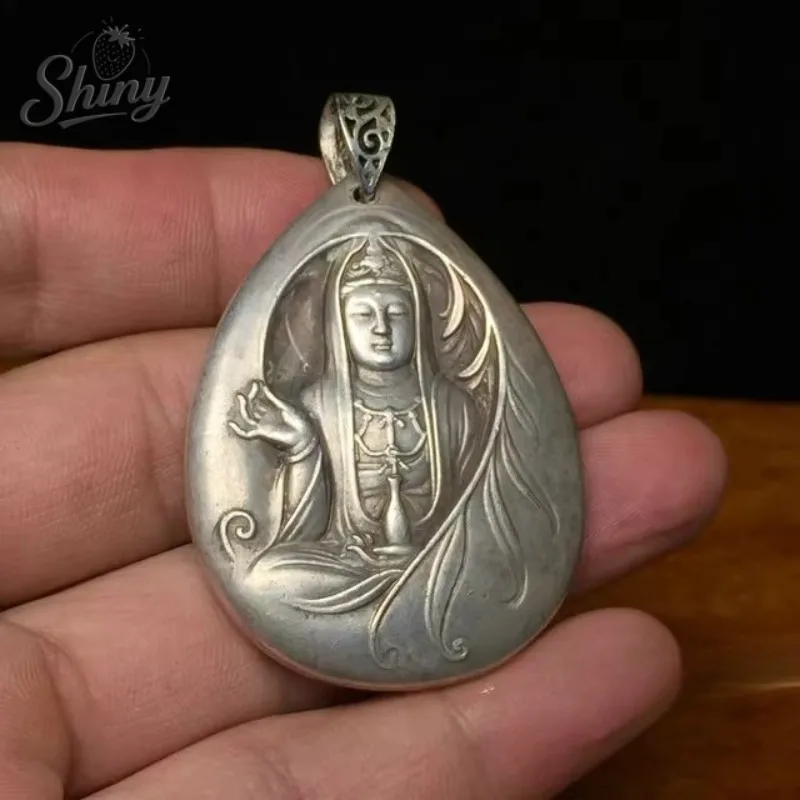 Image 4: Collection tibétaine argent sculpté à la main Guanyin bodhisattva bouddha amulette Statue décor bouddhiste