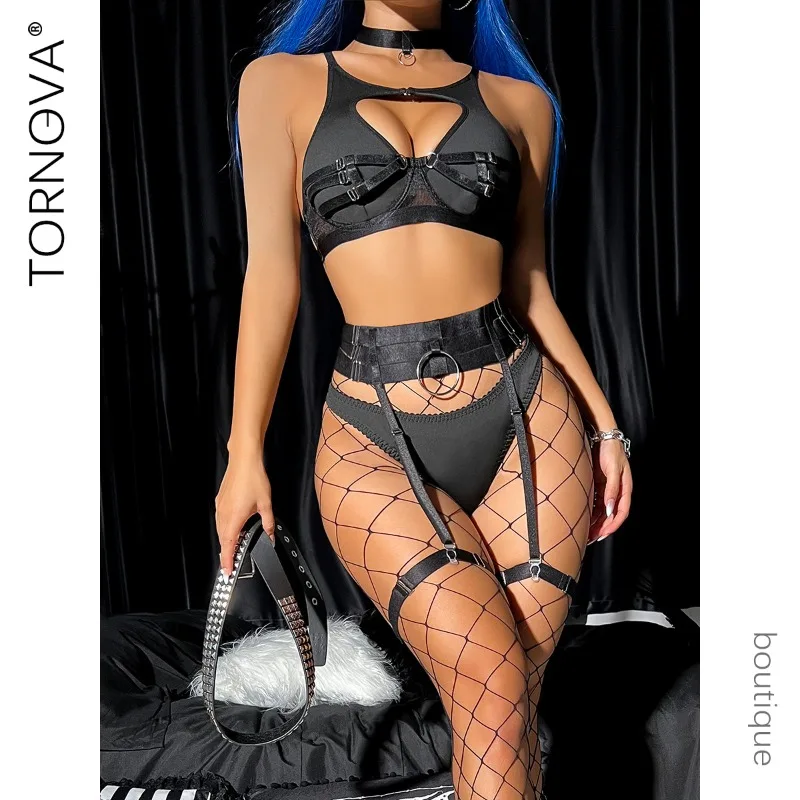

Tornova Sexy Lingerie Suit Women Solid Color Plunge Fishnet Stockings Hollow Hot Lingerie Sexy Garters Waist Seal Underwear Suit