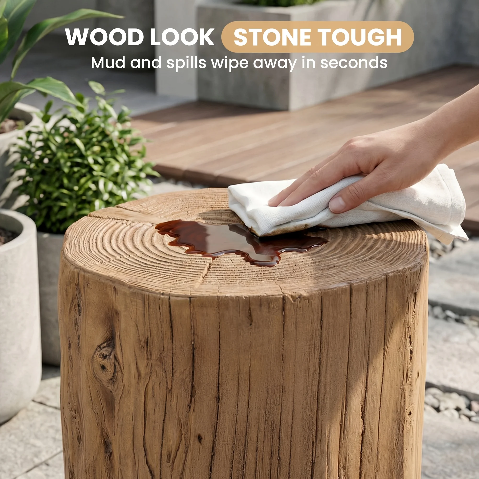 

15" Outdoor Side Table | Light Brown Tree Stump Coffee Table, Concrete Side Table, Garden Stool Side Table, Patio Accent Table