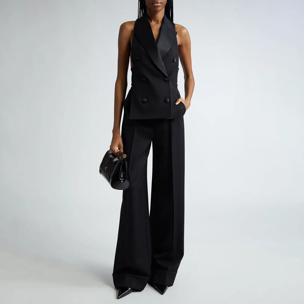 Women's Suit 2 Pieces Black Color Fashion Vest Pants Sleeveless Double Breasted Chic Outfits Social Party Female Clothing