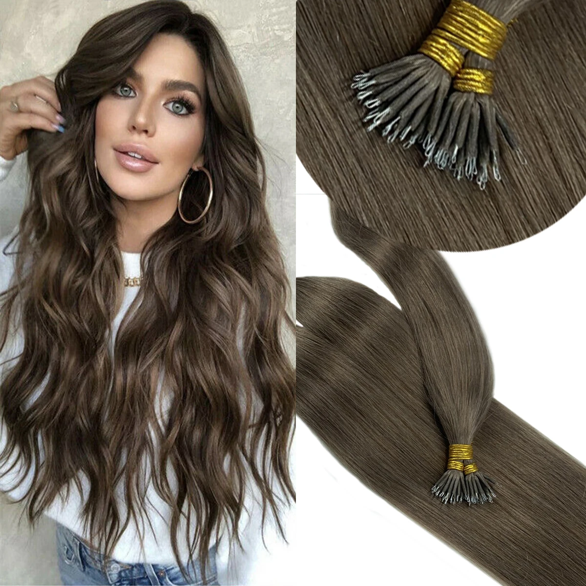 

NNHAIR 100% Human Hair Extensions Remy Hair Tip Nano Ring Micro Beads Real Hair 16Inches-24Inches1G/S 50S